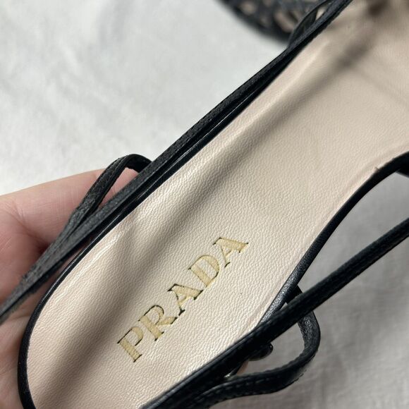 Prada Cuoio Strappy Slingback Kitten Heel Open Toe Size 39.5 Black *READ - Picture 5 of 12